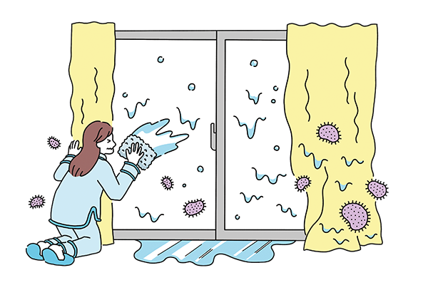 内窓がない状態だとガラスにもフレームにも水滴が流れていますが、内窓をつけると水滴がみられません。